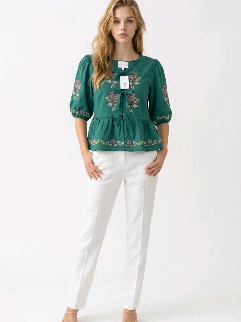 MABLE  Green Embroidered Peplum Tie-Front Top Peplum Boho Top Large